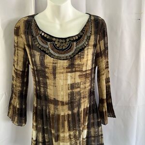 KEREN hart Embellished Pleated Blouse in Brown and Tan